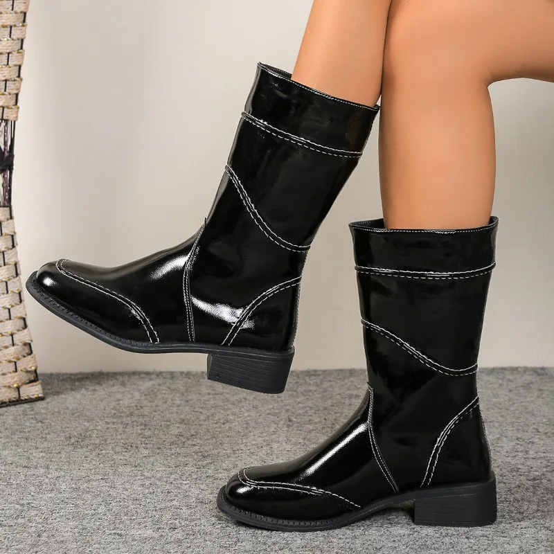 New Soft Leather Side Zipper Short Boots British Fashion Round Head Waterproof Coarse Heel Shoes