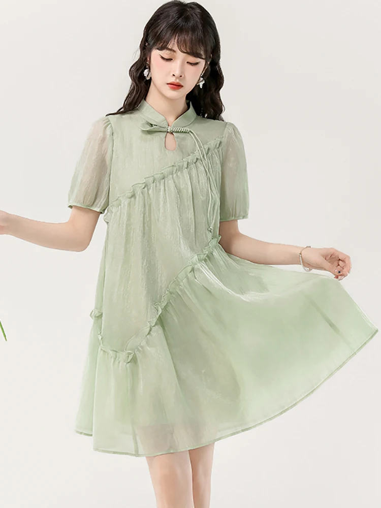 サマーグリーン半袖スタンドカラーミニドレス レディース エレガントカジュアル ラッフルドレス 2025 韓国ファッション ルーズウエスト プロムドレス