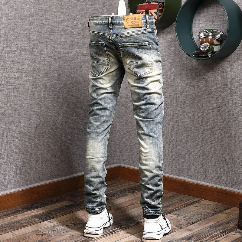 Streetwear Fashion Men Jeans Retro Washed Elastic Slim Fit Ripped Jeans Men Trousers Vintage Designer Casual Denim Pants Hombre