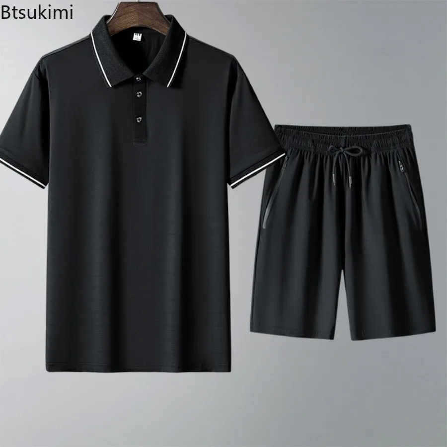 Fashion Contrast Color Polo Shirt Sets Men's Ice Silk Short Sleeve T-shirt+Shorts Casual Suits Men Summer Comfy Cool Tracksuits