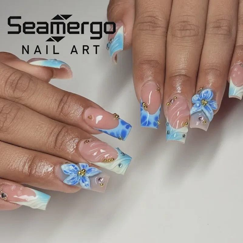 

24PCS Fresh Blue Gradient French Press on False Nail with Glue 3D Sweet Flower Ripple Medium Square Fake Nails Fashionable Nails