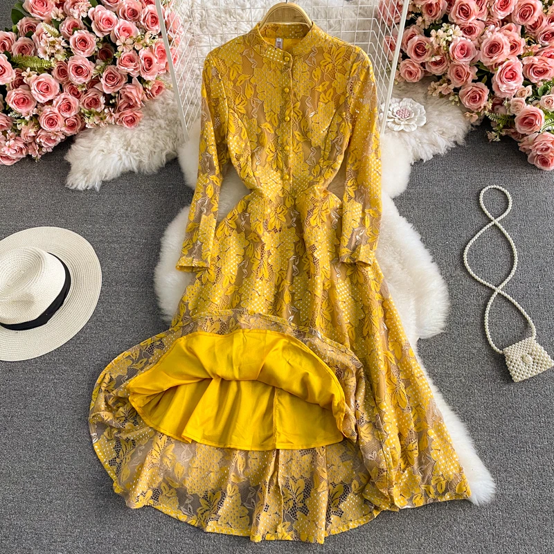 Elegancki Retro z długim rękawem sukienka z kwiatowym nadrukiem w kształcie litery a jedno lub neck szyfonowa jedno piersi kobiet Casual wiosenna i