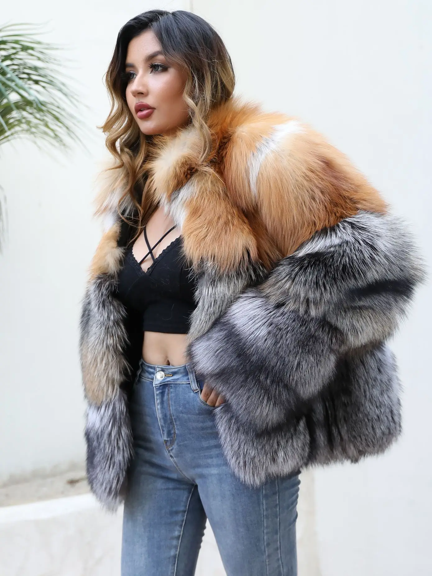 JANEFUR Real Fur Coat Women 2022 Luxury Mixed Red Silver Fox Fur Jackets Stand-Collar Warm Winter Outerwears