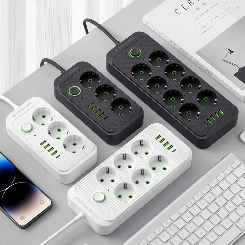 2M EU Plug Electric Power Strip AC Outlets 4 USB 1 Type C Fast Charging Network Filter Adapter Multitap Socket Extension Cable