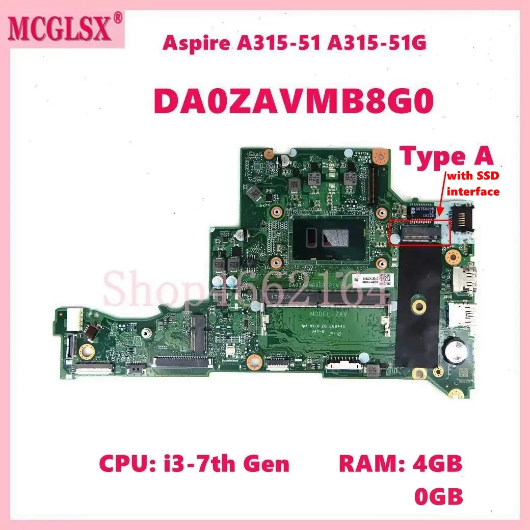 DA0ZAVMB8G0 W/4415U i3-6th 7th Gen CPU 0GB/4GB-RAM Notebook Mainboard For ACER Aspire A315-51 A315-51G Laptop MotherboFd