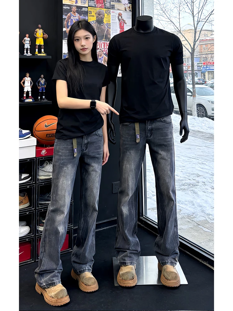 

Washed Bamboo Lightning Pattern Men's Jeans Spring American Style Straight Leg Micro Flared Pants Youth Casual Denim Jeans