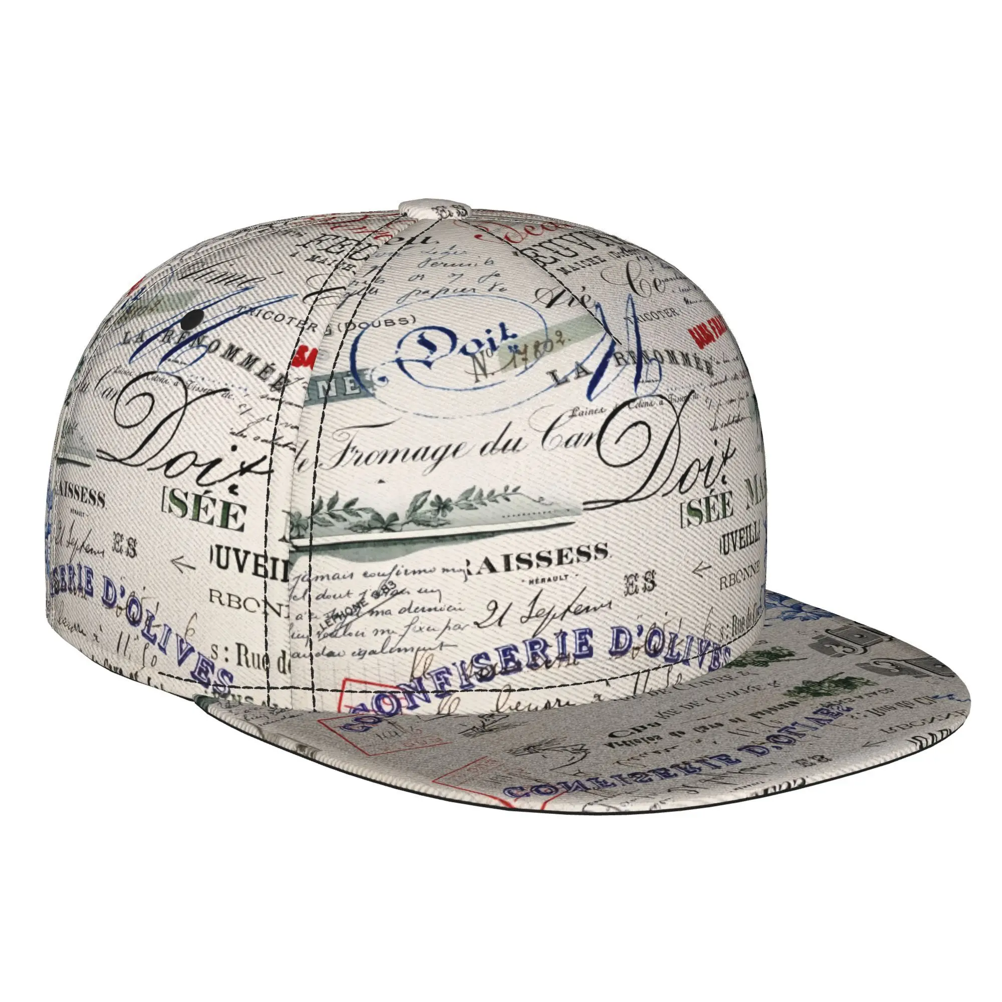 French Vintage Letter Paper 1pc Fully Printed Hip-Hop Caps, Stylish Flat-Brimmed Baseball Caps, Sports Outdoor Casual Caps