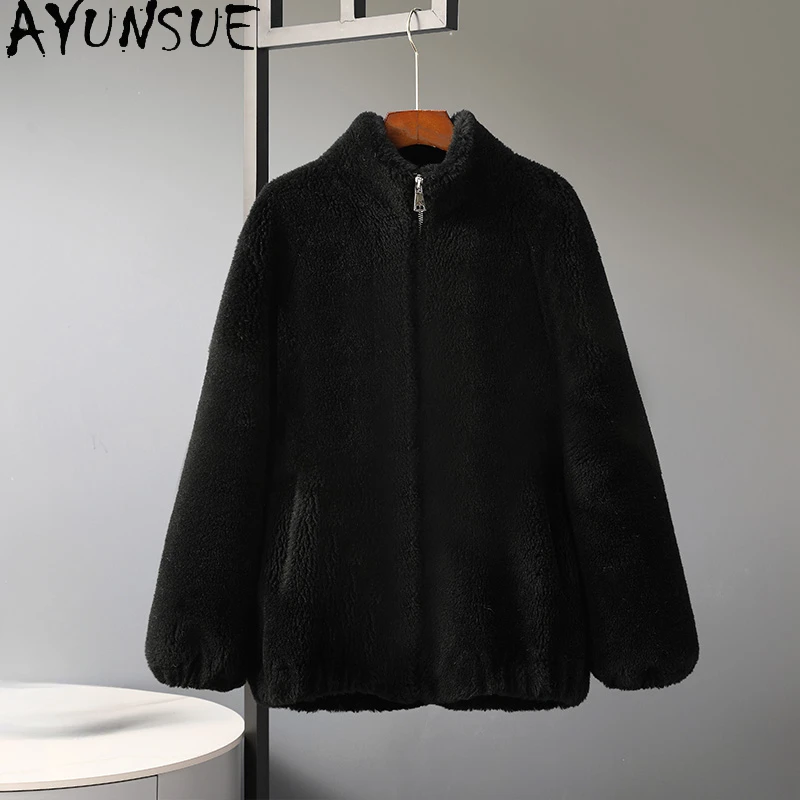 AYUNSUE New Sheep Shearing Jacket for Women 2023 Autumn Winter 100% Wool Coats Casual Loose Fur Coat Standing Collar Abrigos