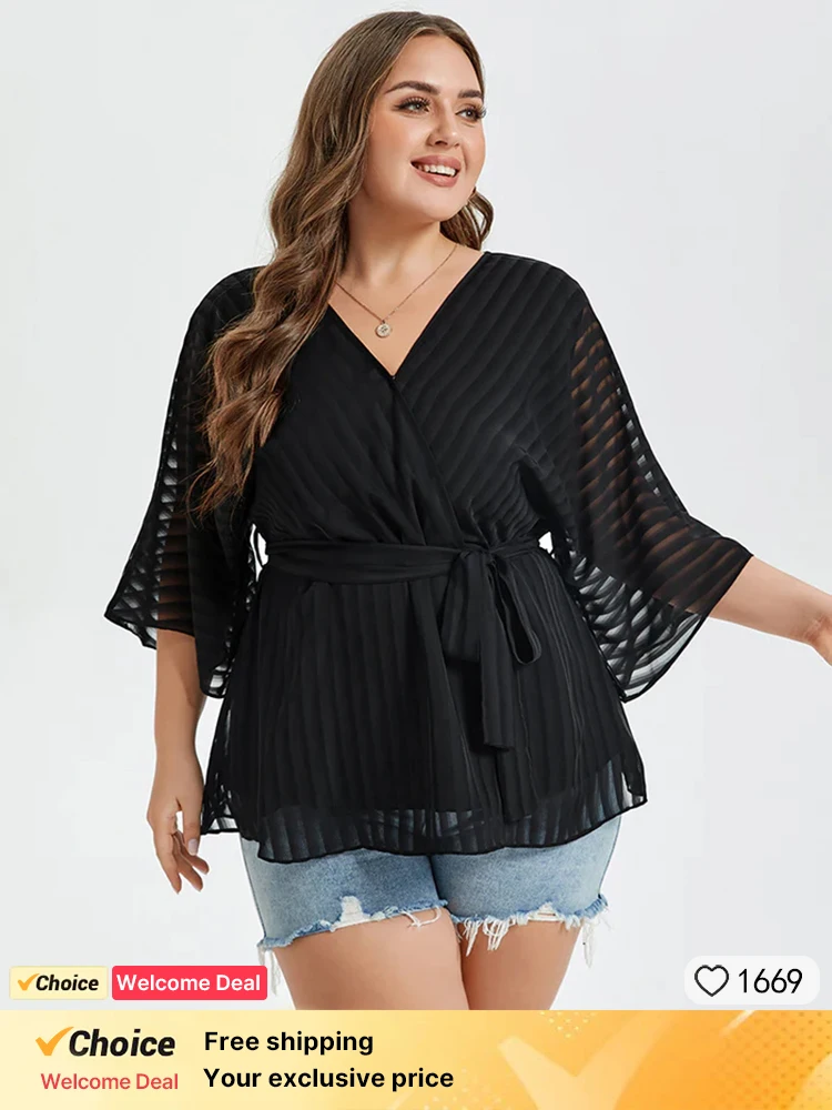 Plus Sized Clothing Women V Neck Contrast Mesh Wrap Belted Pullover Blouse Women Spring Elegant Batwing Sleeve Work Office Tops