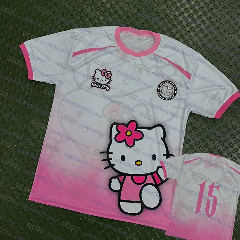 T-shirt à manches courtes Hello Kitty dessin animé 2026 pour hommes et femmes, maillot de football respirant et à séchage rapide, ensemble tee-shirt pour enfants, mode estivale décontractée
