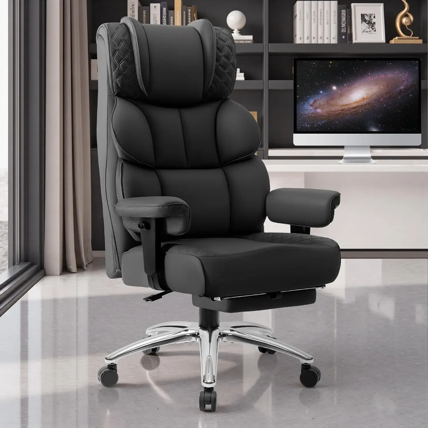Silla de oficina, silla de juego de cuero grande y alta con reposapiés, silla ejecutiva ergonómica y cómoda con respaldo alto reclinable para computadora.