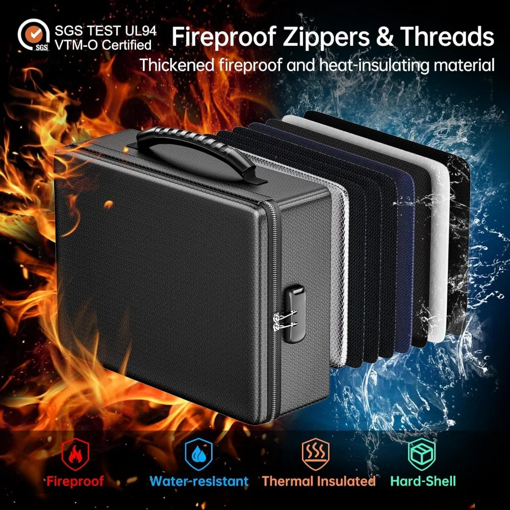 Hard Case File Box with Fireproof Zipper＆Lock, 6400°F Heat Insulated Fire and Water Resistant Portable File Organizer Storage