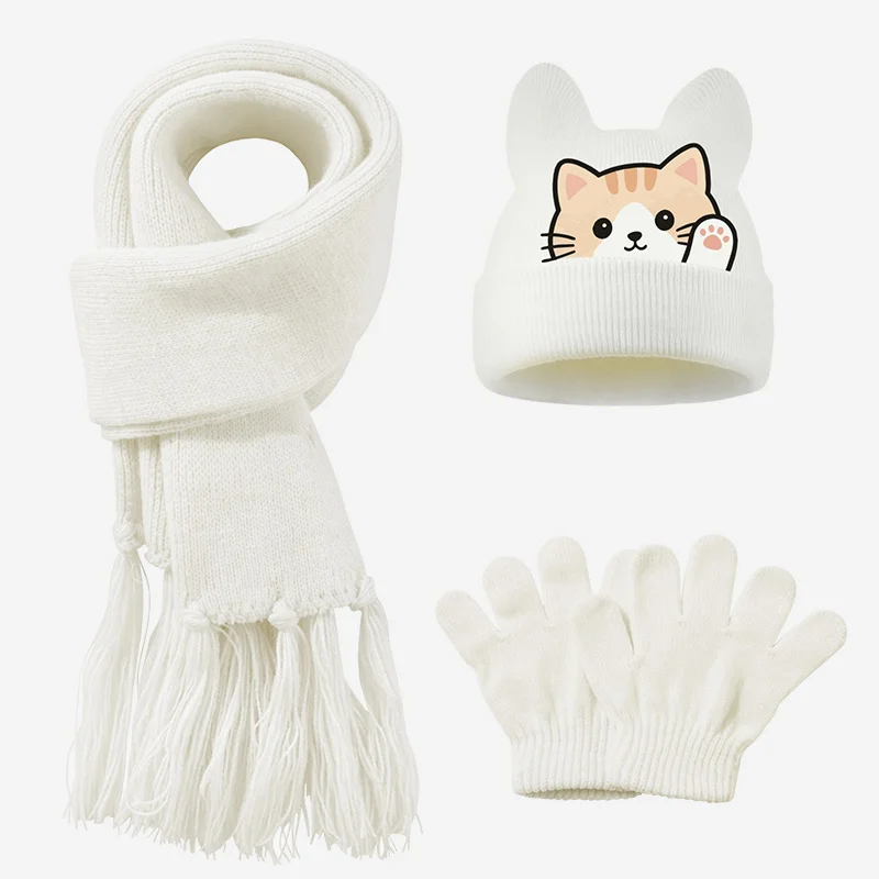 3pc 1-3Y Toddler Hat Scarf Gloves Set, Cat Print Knit Kids Winter Set, Casual Outdoor Warm Set for Boys Girls - view 3