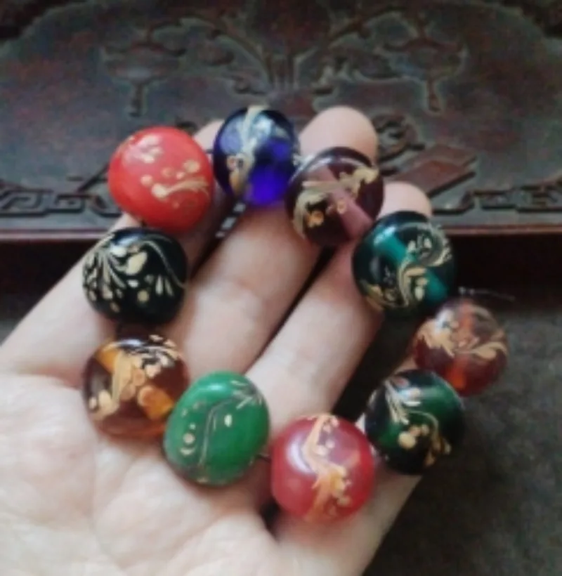 Retro Mixed Color Gold Foil Glass Coin Bead Bracelet Swirl Pattern Oriental Unisex Daily Wearing Hand Jewelry