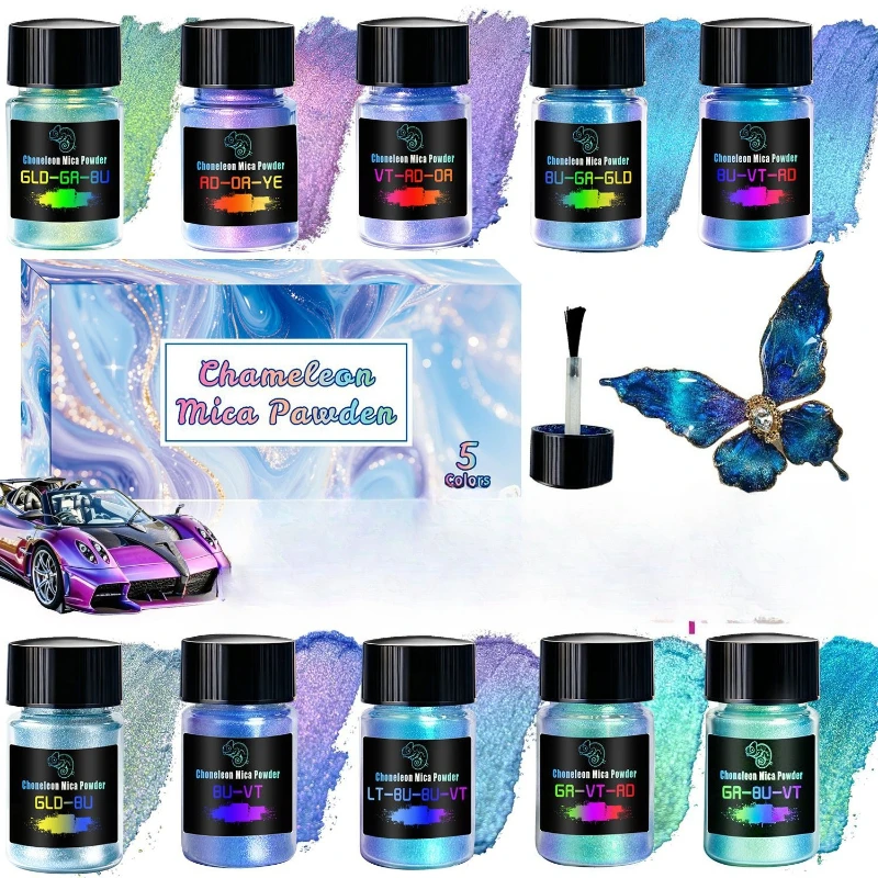 10 Colors Blue Chameleon Mica Powder Color Shift Glitter Dust for Epoxy Resin Fluid Art Watercolor DIY Craft Painting Pigment