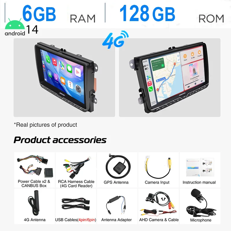 ESSGOO 9 "Android14 6 + 128G Autoradio Radio Draadloze Carplay Voor VW Golf 5 6 Passat Polo Touran Tiguan Jetta Caddy EOS 4G LET WIF