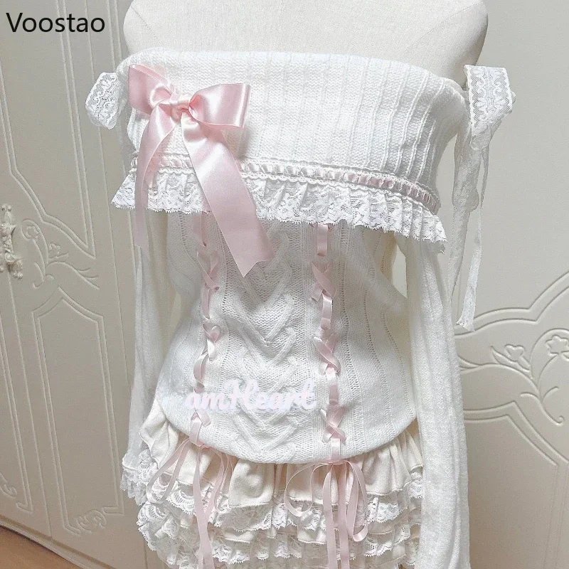 Pullover lavorato a maglia stile Lolita dolce giapponese donna Vintage Slash Neck Ruffles Lace Bandage Bow maglione ragazze Cute maglieria top