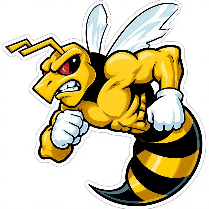 Single Car Vinyl Sticker Featuring a Fierce Cartoon Bee Mascot with a Muscular Build, Yellow And Black Stripes a Bold Expression