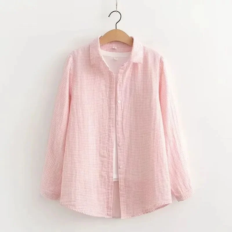 

Korean Women's Shirt Sunscreen Long Sleeves Shirt Summer Women's Loose Casual Single Breasted Turndown Collar Plaid