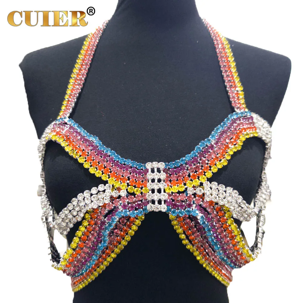 

CUIER SS28 Amazing Rainbow Color Full Rhinestone Women Bra Sexy Body Chain Jewelry Girls Nightclub Accessories