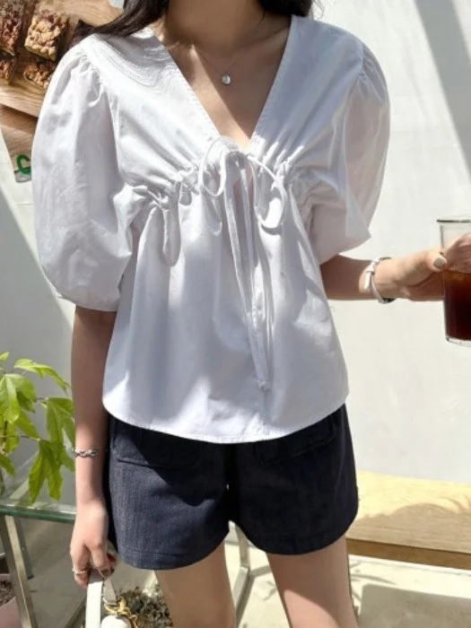 

Chic Simple Design V-Ne Dstring Bubble Sve Doll irt Women's Top Summer Faionable Casual Loose Fit ort Sve