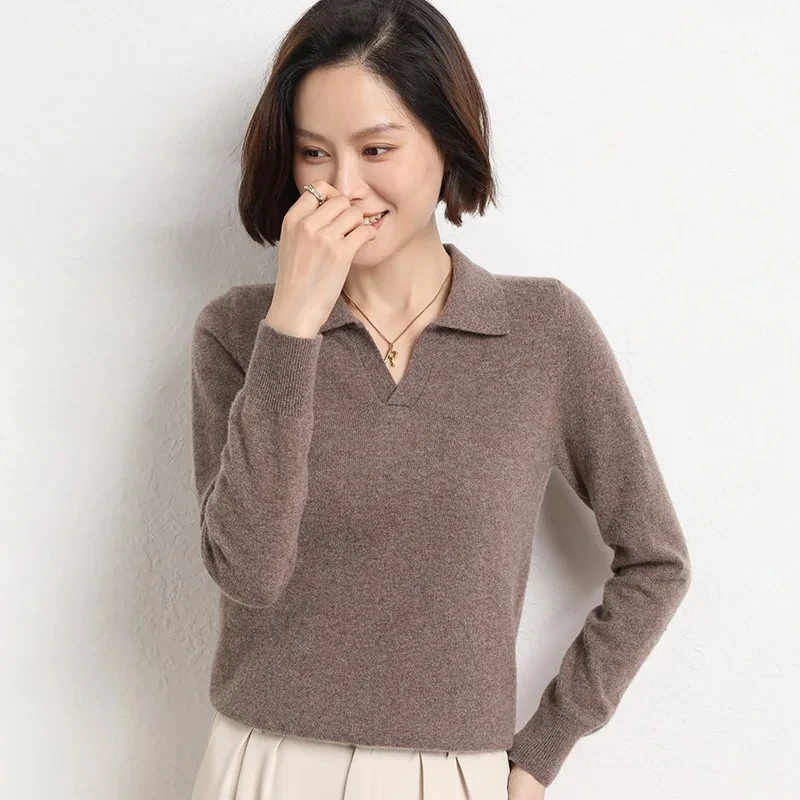 Polo Collar Knitted Y2k Sweater Cashmere Blend Autumn Winter New Solid Color Fashion Simple Inner Slimming And Age-Reducing Top