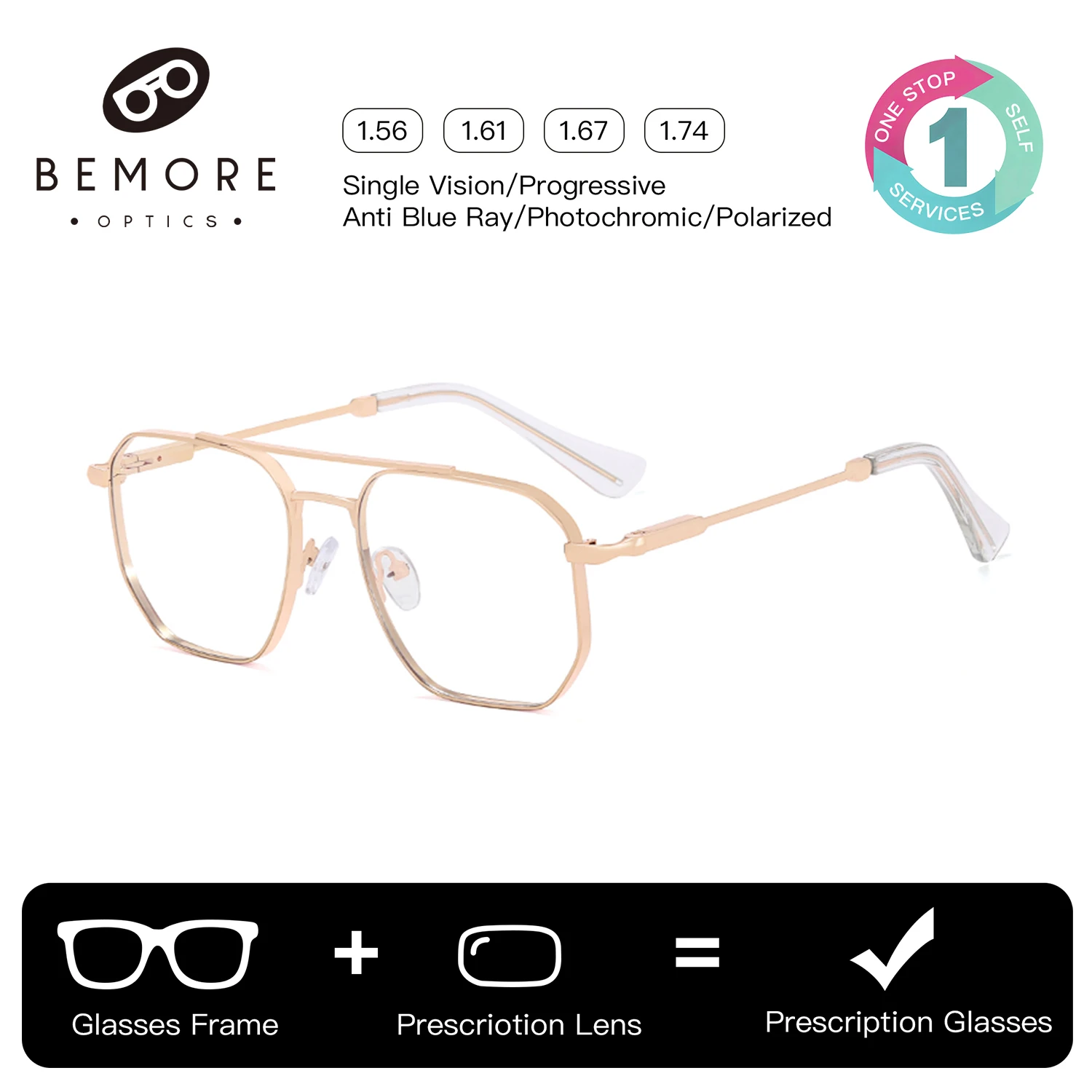 

BEMORE Classic Ultralight Metal Pilot Optical Glasses Man Blue Light Filter Progressive Multifocal Prescription Eyewear