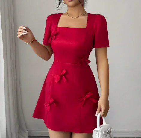 

Women Dress 2026 Spring Summer New Solid Color Bow Decor Square Collar Short Sleeve Waist Cinching Temperament A-Line Dress