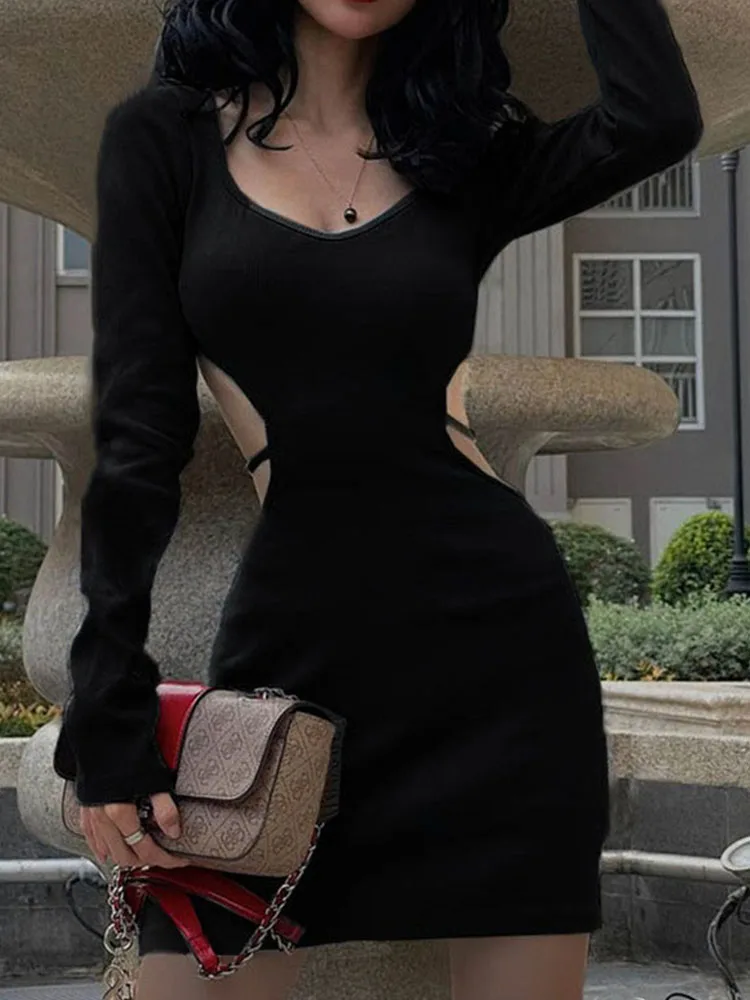 Modisches Frühjahr 2025, blaues, figurbetontes Kleid für Damen, Ausschnitt, Schnürung, rückenfrei, V-Ausschnitt, lange Ärmel, Minikleider