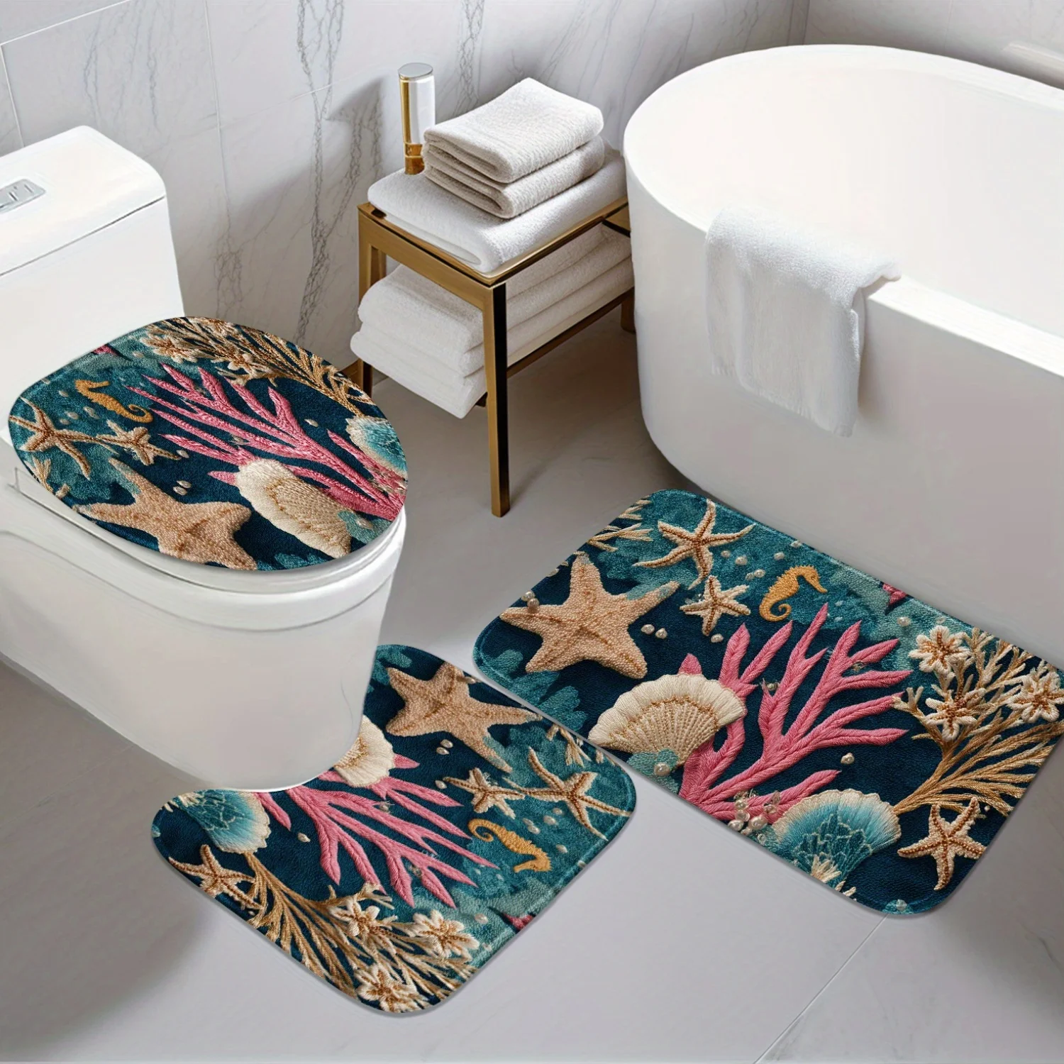 

[Hot Item] Bathroom Anti-Slip Mat - 3pcs Set - 2D Graphic Design Pattern of Marine Elements Such As Starfish, Seahorse And Shell