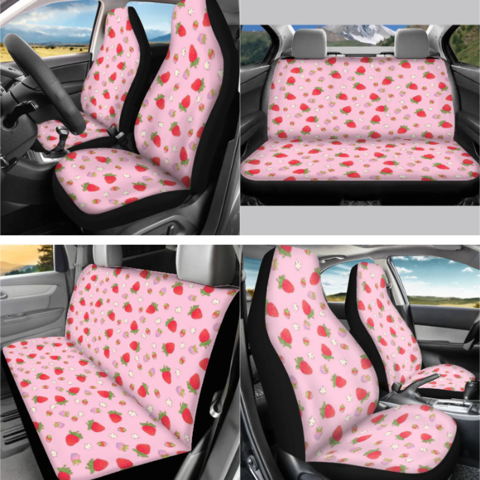 Coloranimal Strawberry Flower 14 Pieces Car Accessories Set with Comfortable Steering Wheel Cover and Cars Headrest Cover