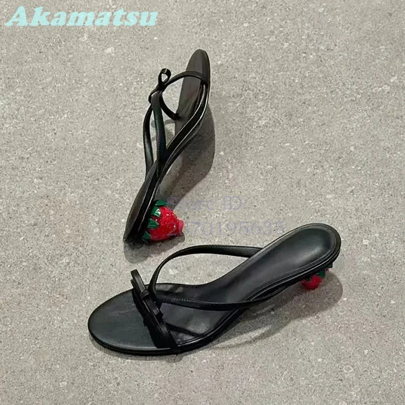 Cute 3D Strawberry Shaped Heel Slippers Round Toe Bow-knot Slip On Mules 2026 Summer Party Heeled Women's Slide Sandals Shoes