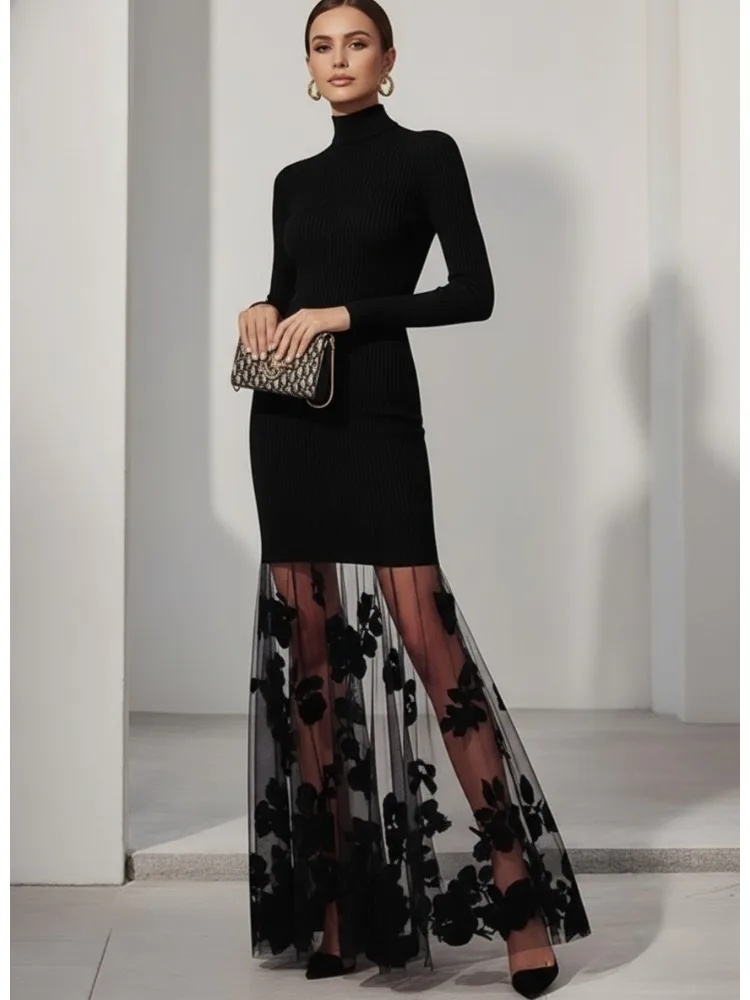

Freeacy Women's Elegant Evening Gown Solid Black High Neck Bodycon Dress with Floral Appliqued Lace Sheer Skirt Pleated Dresses