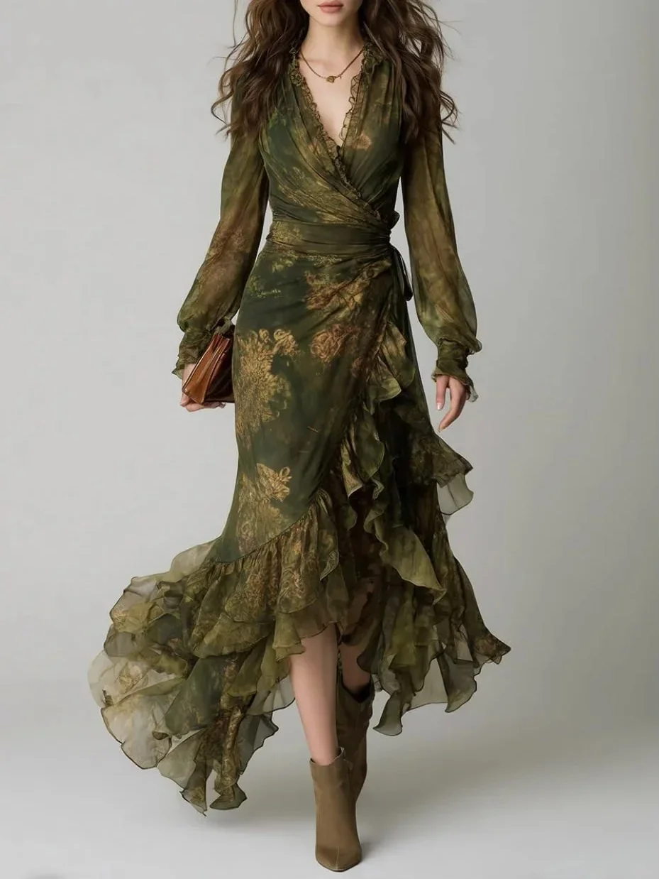 Elegantes grünes Chiffon-Maxikleid mit Blumenmuster, sexy tiefem V-Ausschnitt, hoher Taille, langes Sommerkleid im Boho-Stil mit unregelmäßigen Rüschen