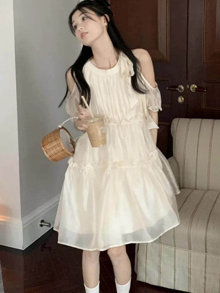 

Нежное летнее платье в стиле принцессы с открытыми плечами и короткими рукавами, свободного кроя, для женщин, коллекция Initial Love