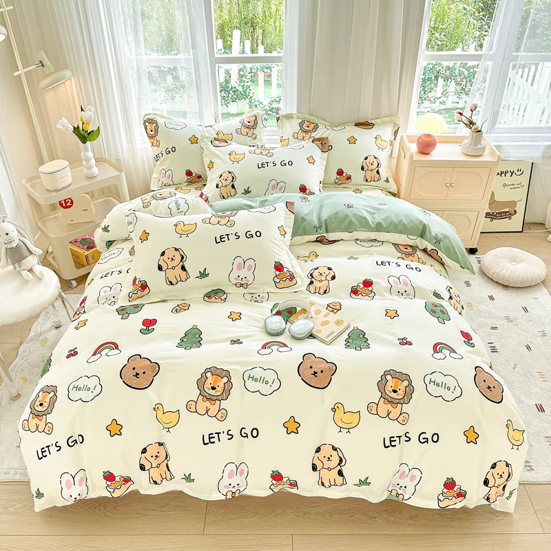 Cartoon Animal Cotton Duvet Cover Set Cute Lion Dog Bear Bunny Bedding Set Kids Boys Girls Reversible Printed Comforter Cover