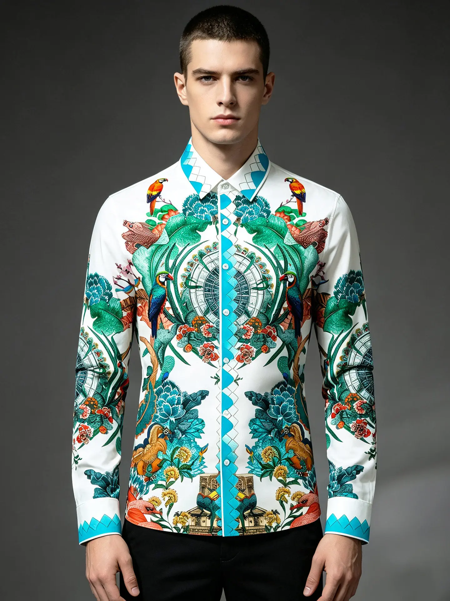 Luxury Flower Bird Rhinestone Men's Shirt Long Sleeve Casual Business Dress Shirts Banquet Party Stage Performance Star Shirts