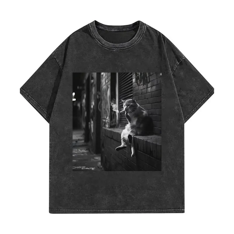 

Забавные футболки с мемами котиков-курильщиков, мужская и женская одежда, винтажная футболка с эффектом потертости, летние повседневные хлопковые футболки с коротким рукавом, уличная мода