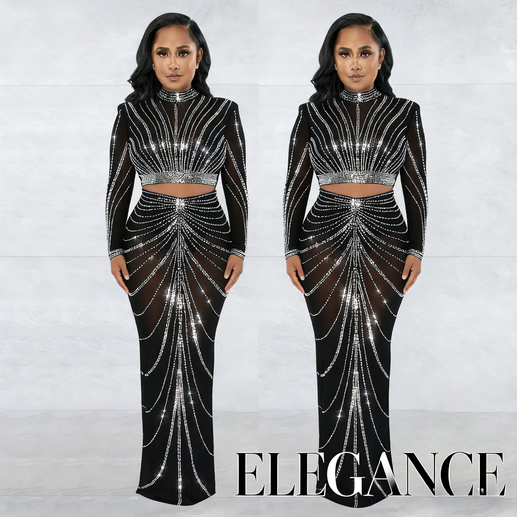 

Европейско-американский модный женский сетчатый комплект из двух предметов: прозрачное платье макси с длинными рукавами и стразами, для вечеринок, стильный наряд