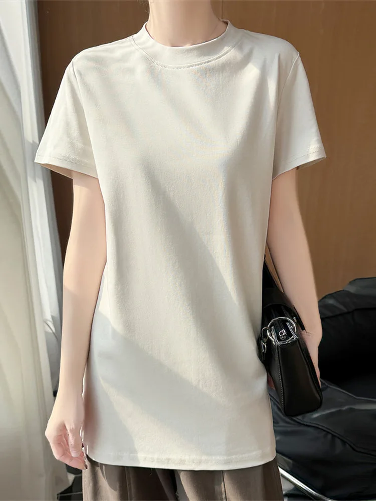 Minimalist Pure Cotton Women's T-shirt Spring Summer New Style Short Sleeve Mid-Length Loose Butt Covering Versatile Top