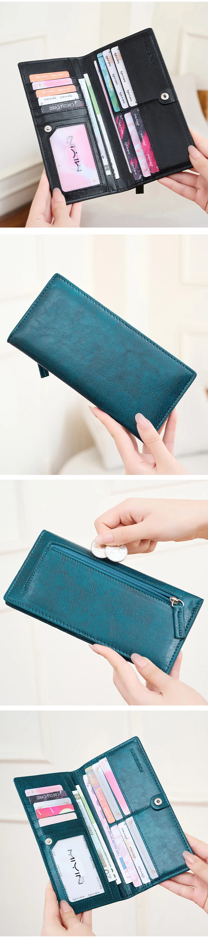 Minimalistische, ultradünne Damen-Geldbörse, RFID-blockierendes Kreditkartenetui, zweifach faltbar, lange Damen-Geldbörse, einfarbig, tragbare Clutch – Detail 5