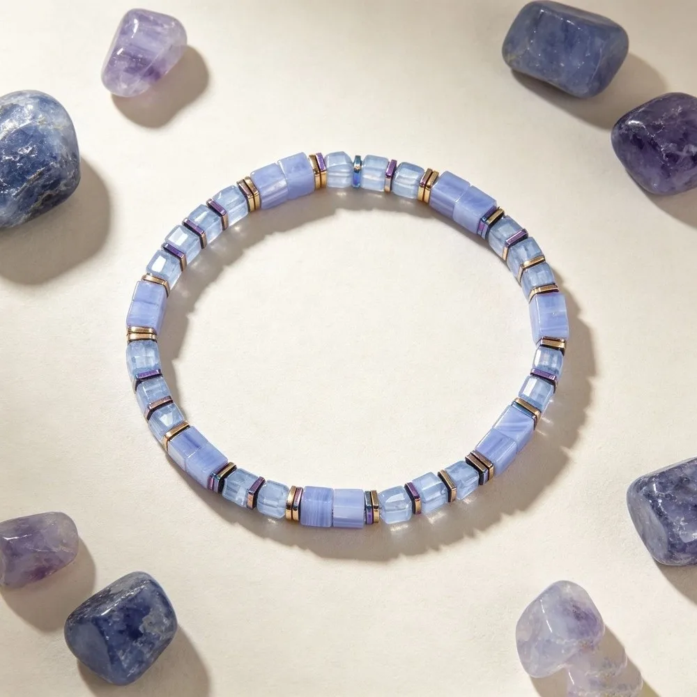 Natural Veined Simple Crystal Stone Bracelet Square Cut Polished Block Shape Square Stone Bangle Stackable Adjustable Rope