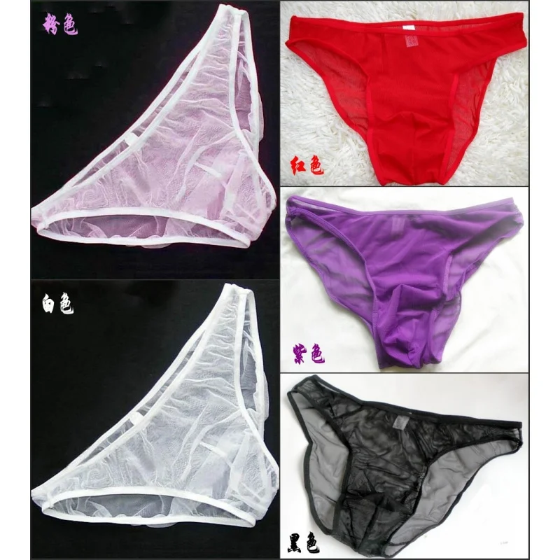 

Men's Underwear Large Size Sheer Mesh Triangle Panties In Black, White, Pink, And Purple