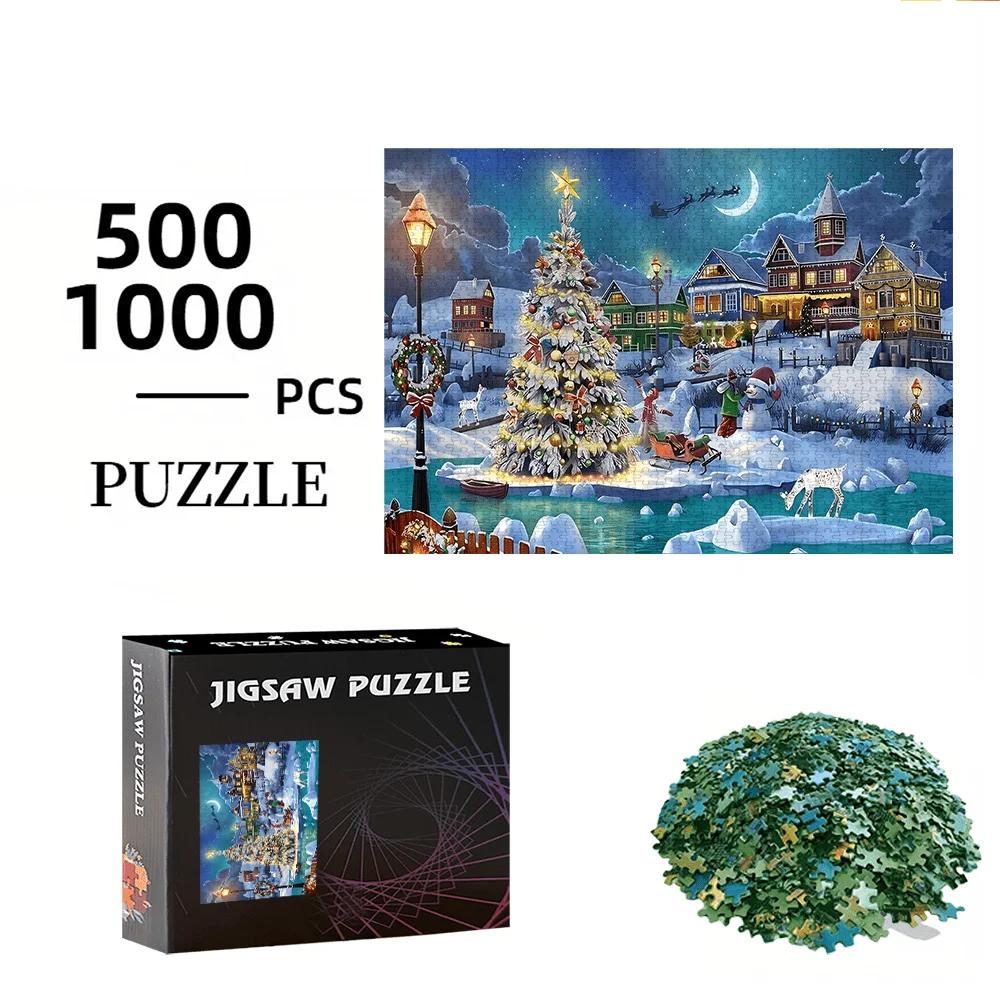 Christmas Tree & House Puzzle Game, 500pcs/1000pcs, Gift for Family Interaction, Home Decor, Brain Challenge, High-Quality Fun