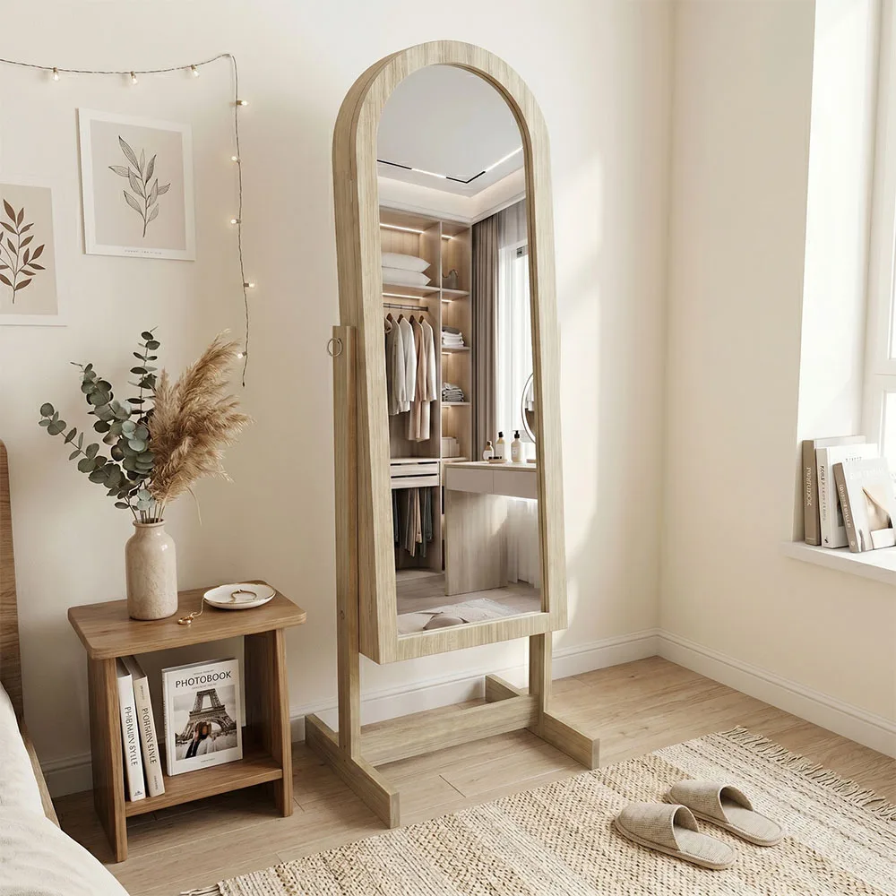 Home wall vertical wooden arched vanity mirror jewelry cosmetics storage integrated fitting mirror