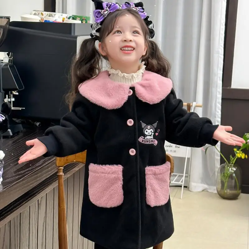 

Girls' Kuromi Cute Thick Warm Coat Autumn Winter 2025 New Cartoon Anime Children Woolen Coat Fashion Casual Children's Clothing