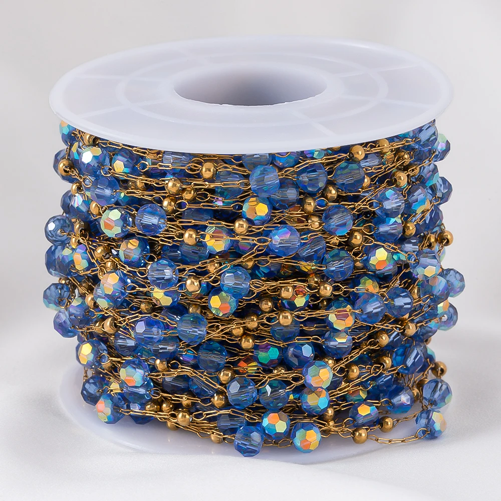 0.5meter 1meter Crystal Blue Stone Ball Stainless Steel Chain Tranparent Beads Chains for Necklaces Bracelets DIY Jewelry Making
