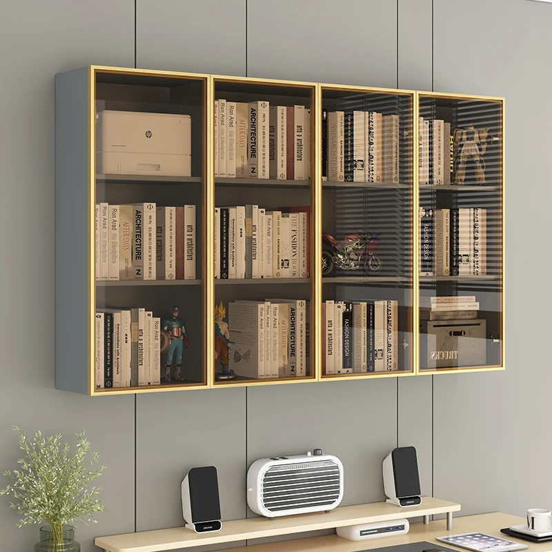 Wall bookshelf Bookcase Solid wood wall hanging cabinet Light luxury glass door Figure display cabinet Storage cabinet Storage r
