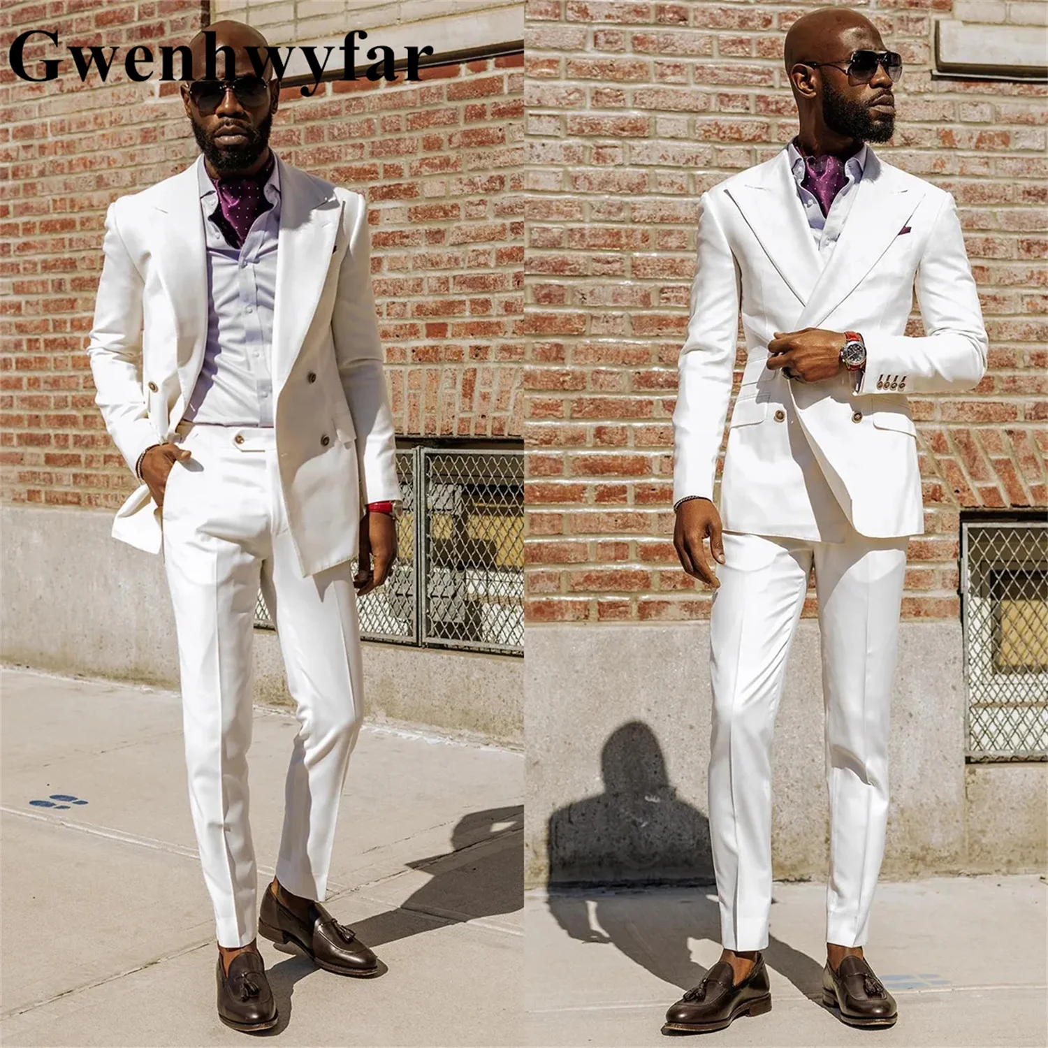 

Gwenhwyfar Solid White Men's Suits Tailored 2 Pcs Blazer Pants 4 Button Peaked Lapel Wedding Formal Custom Made Handcut Custom