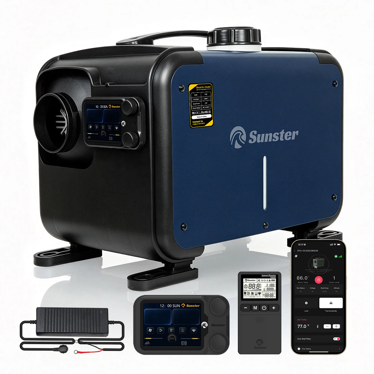 8KW WiFi APP-gestuurde CO-monitor Draadloze afstandsbediening LCD-scherm 5500m Hoogtewaardenmodus Diesel Luchtverwarmer 12V/24V Alles-in-één Stille Parkeerverwarming voor Camper, Truck, Auto, Boot